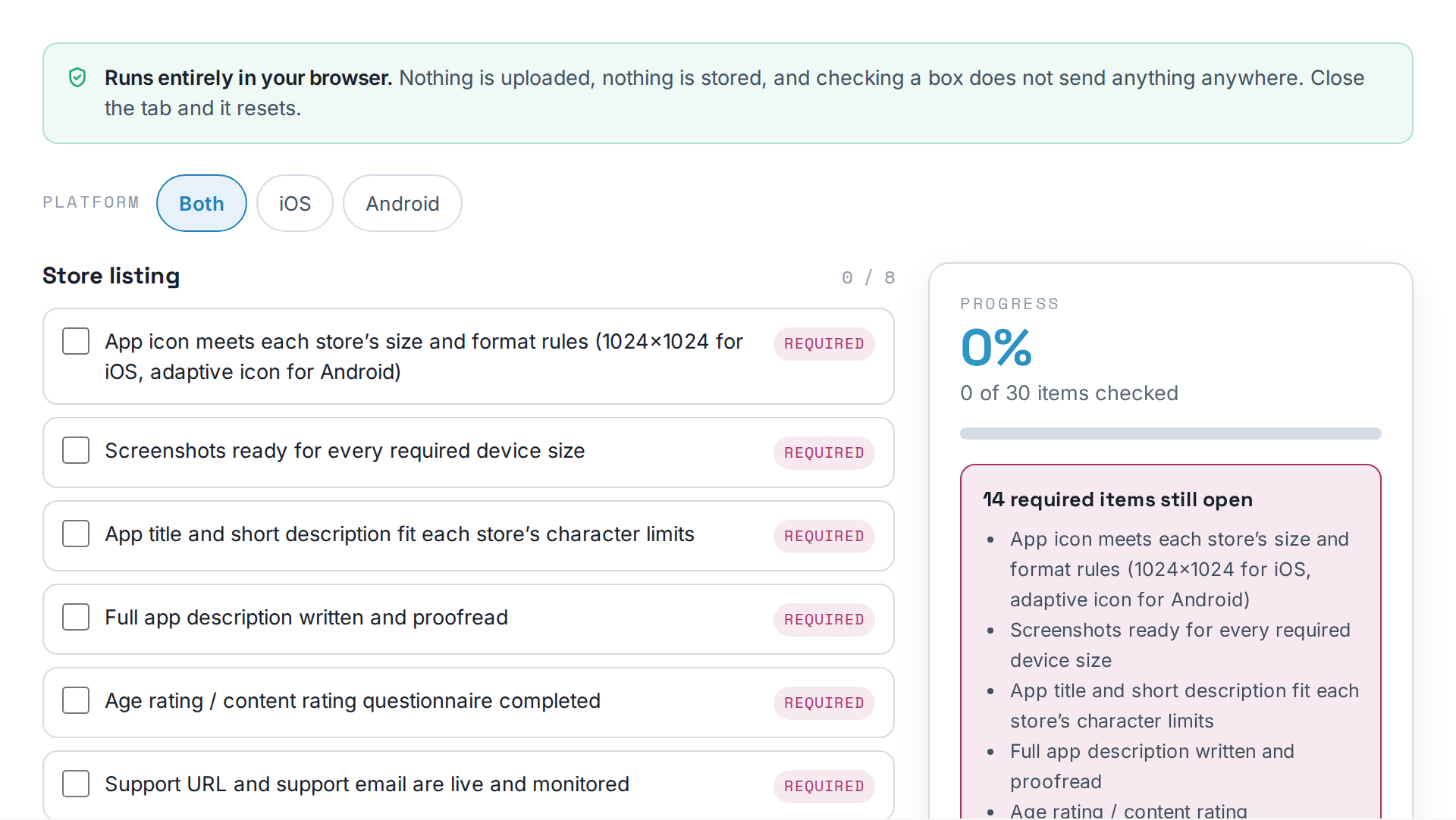 A preview of the App Launch Checklist