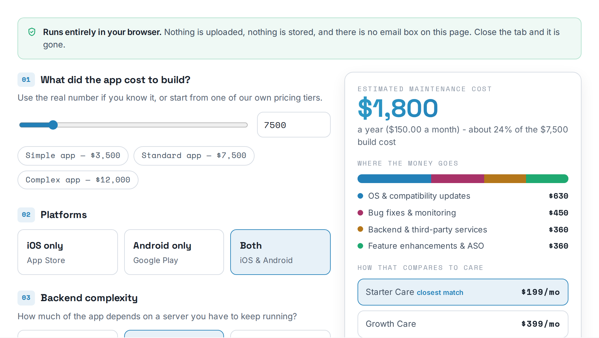 A preview of the App Maintenance Cost Calculator