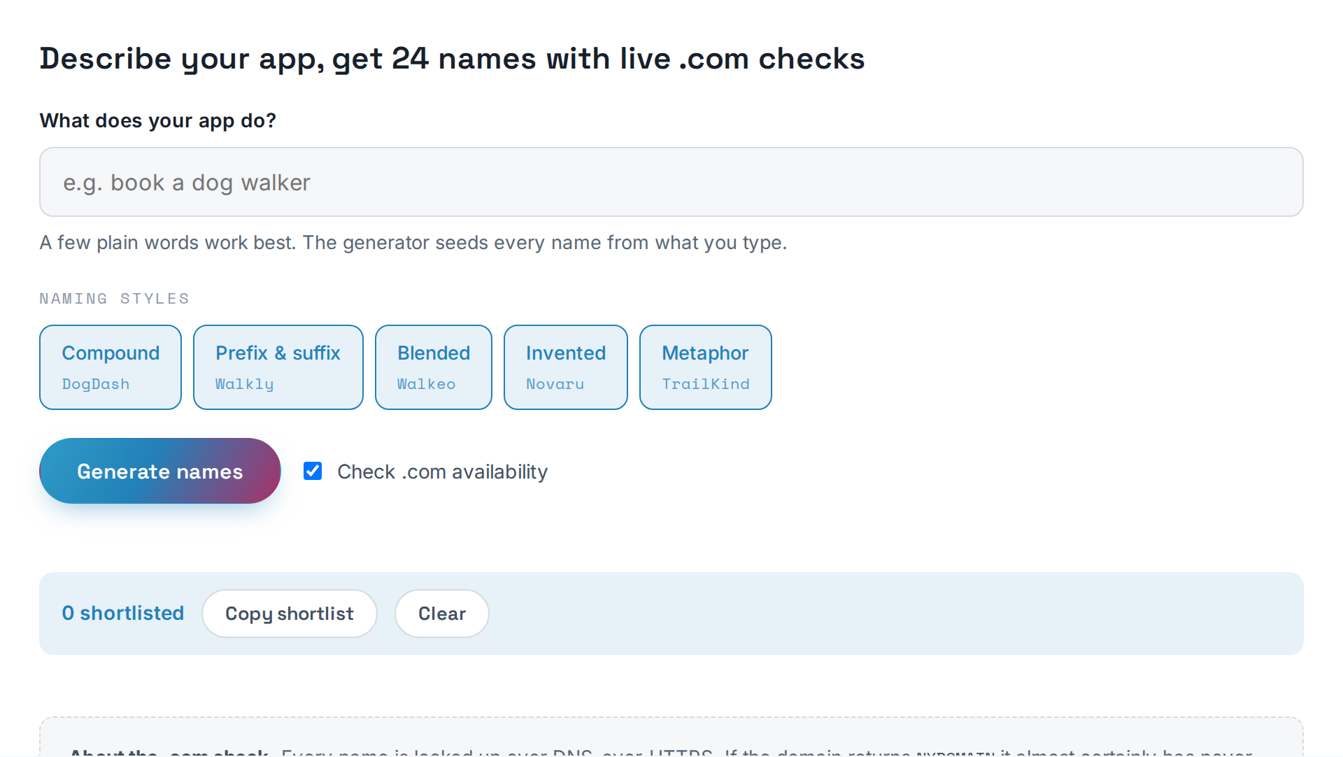A preview of the App Name Generator