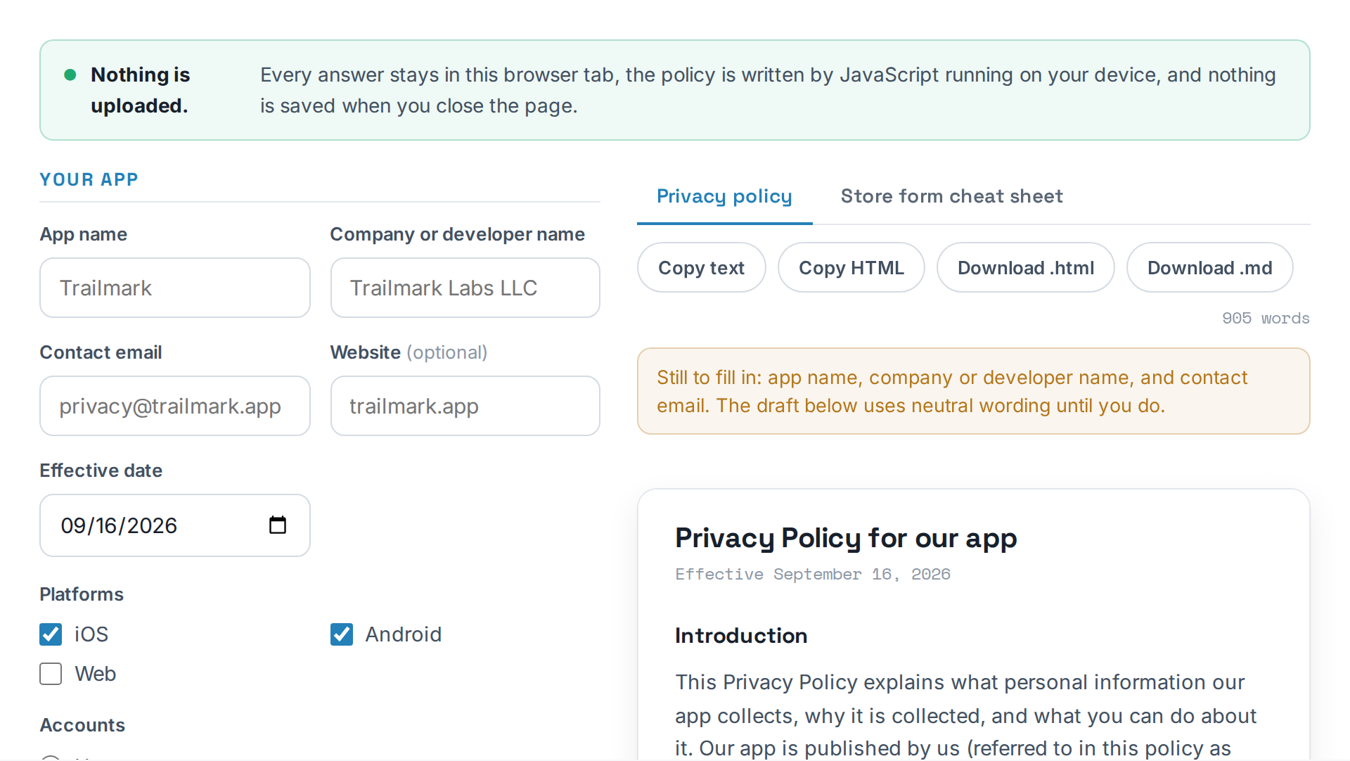 A preview of the App Privacy Policy Generator