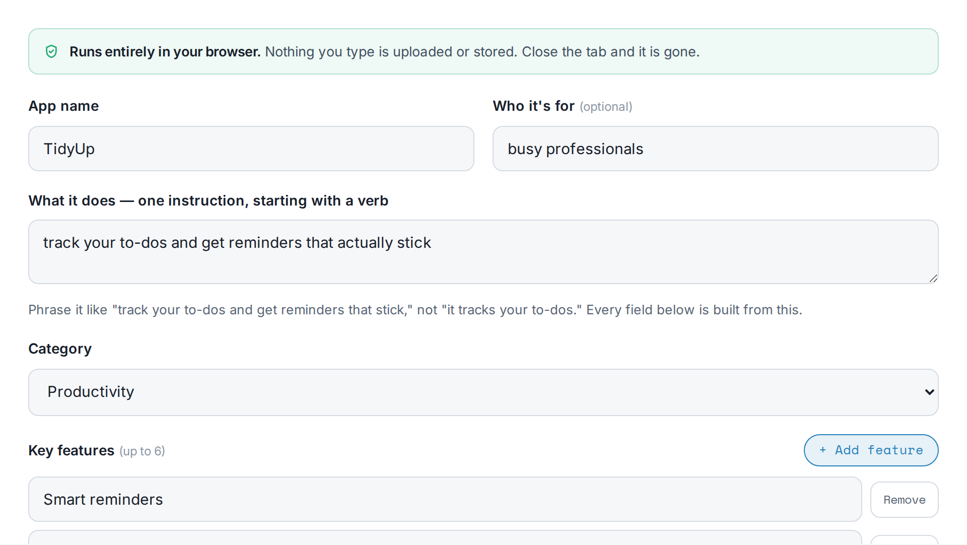 A preview of the App Store Description Generator