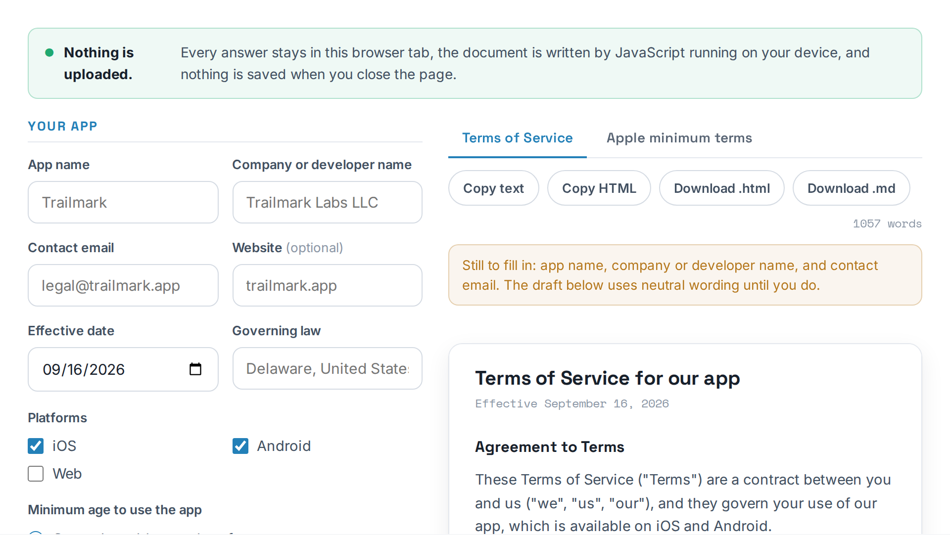 A preview of the App Terms of Service Generator