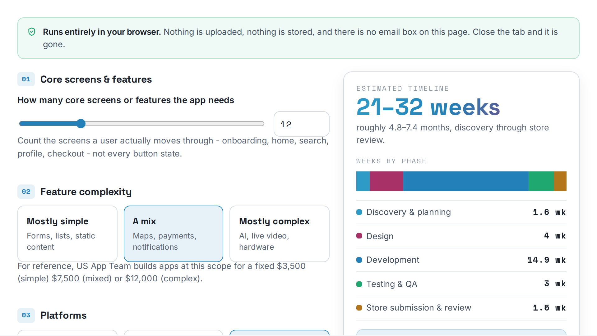 A preview of the App Development Timeline Estimator
