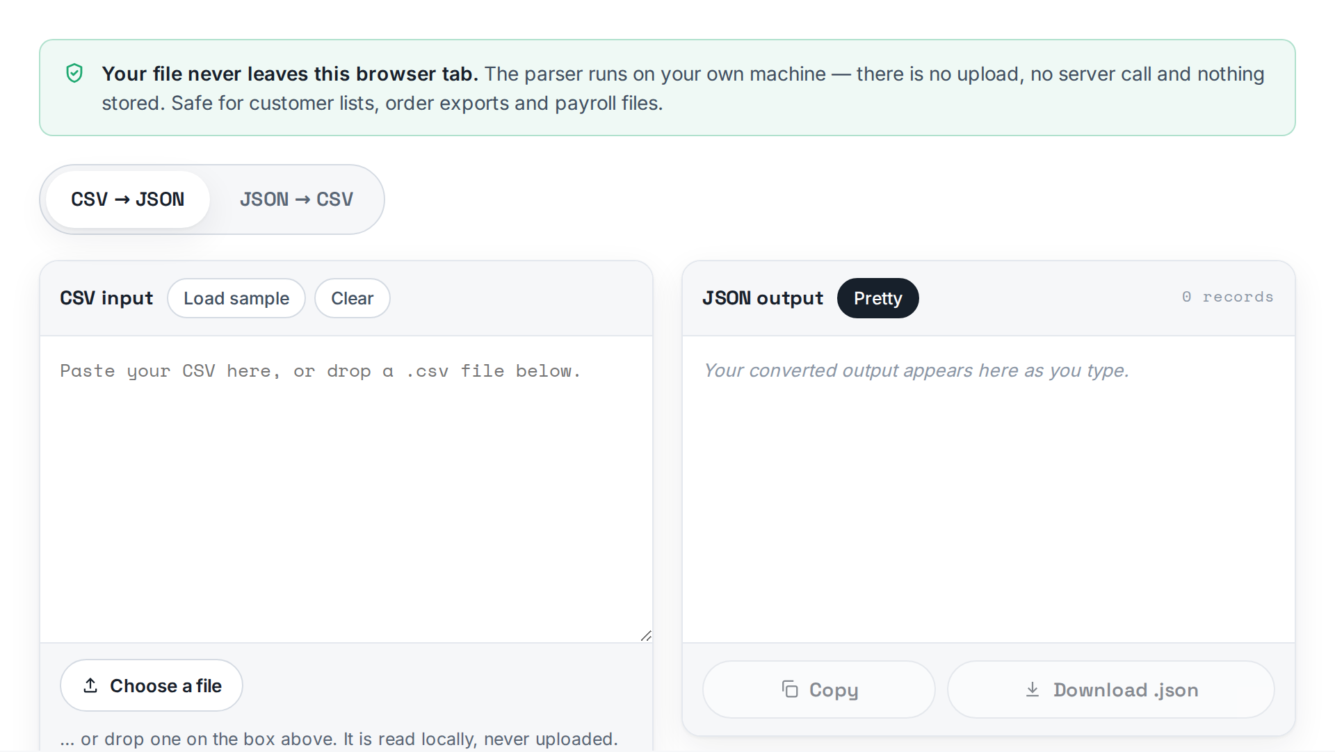 A preview of the CSV to JSON Converter