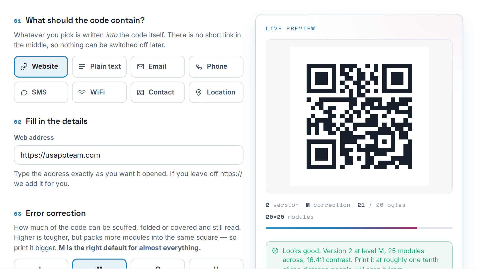 A preview of the Free QR Code Generator