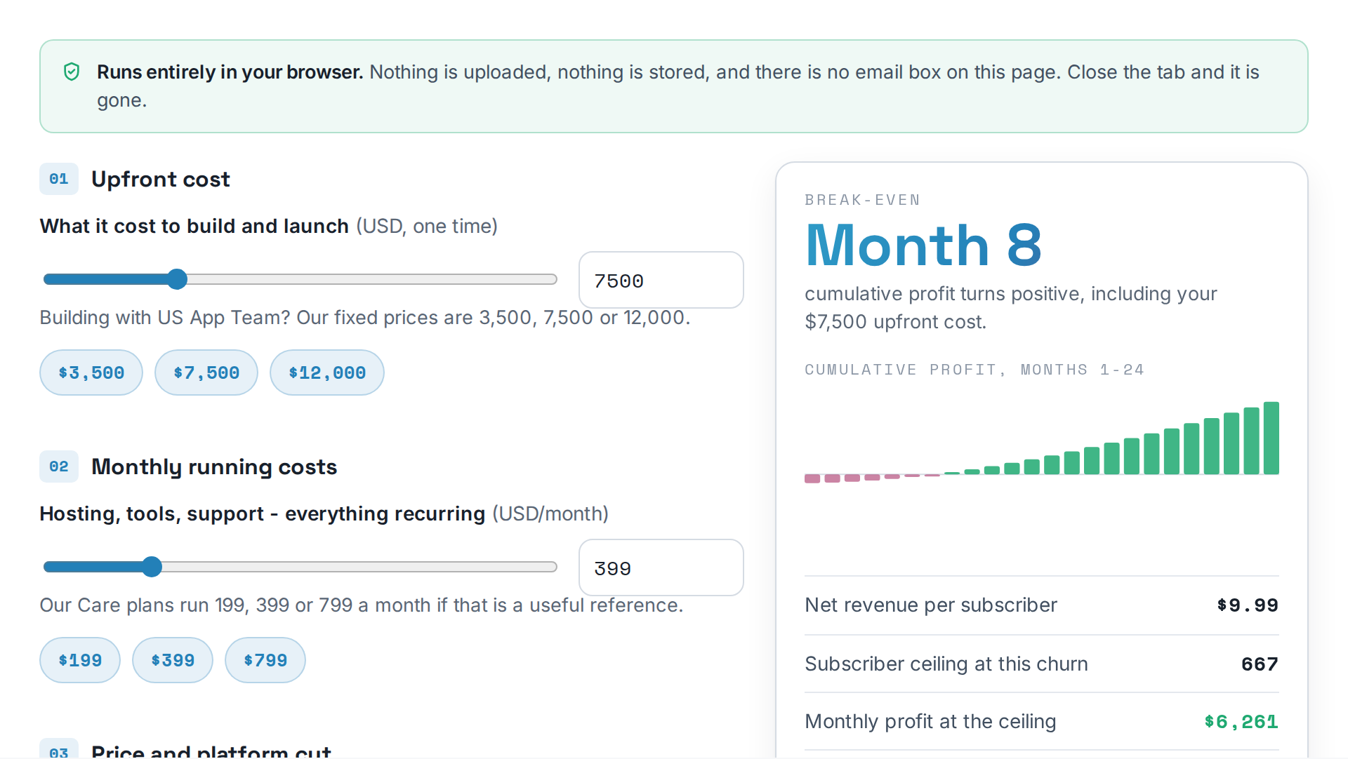 A preview of the Subscription Break-Even Calculator